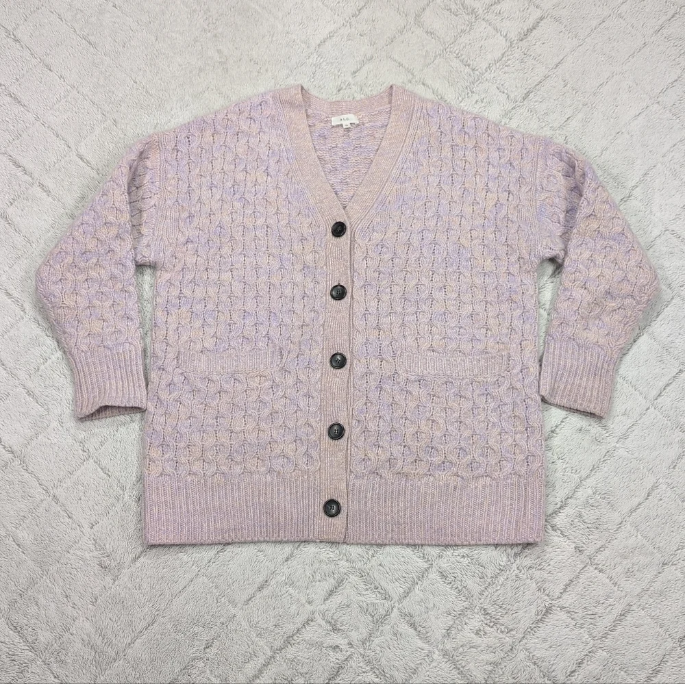 A.L.C. Sweater Womens XS Purple Beige Jacks Cardigan Honeycomb Cable Knit Wool